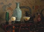 Asian Still Life with Blue Vase, oil painting by Hubert Vos Hubert Vos
